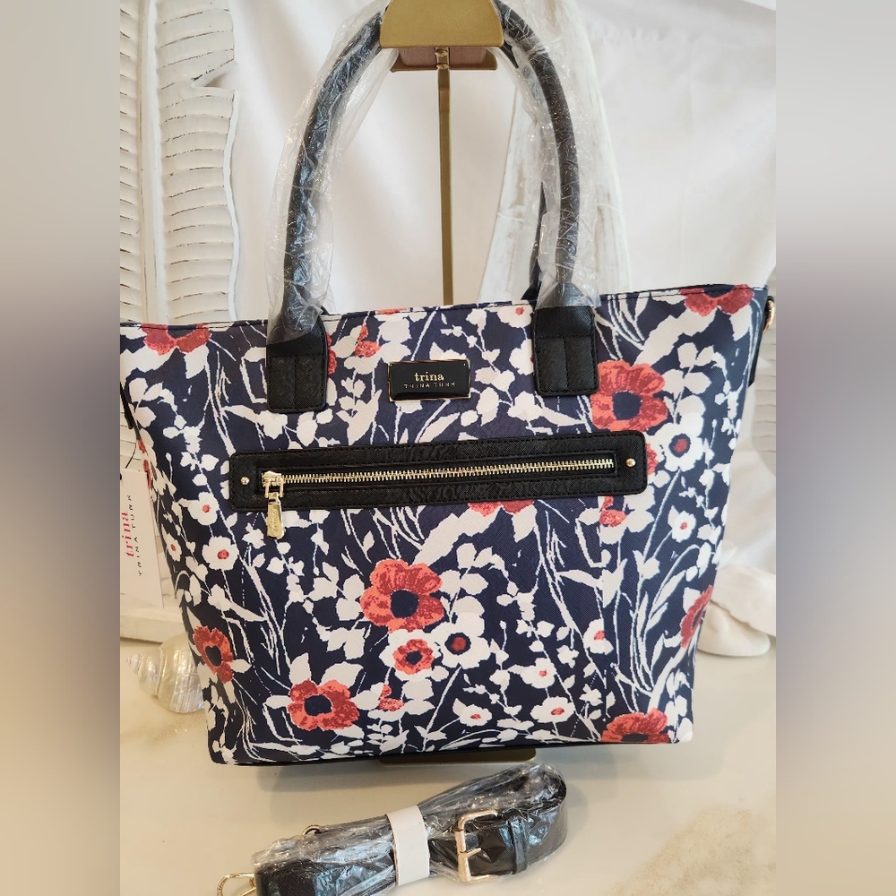 Trina Turk 2 Way Tote blue with poppies..New!